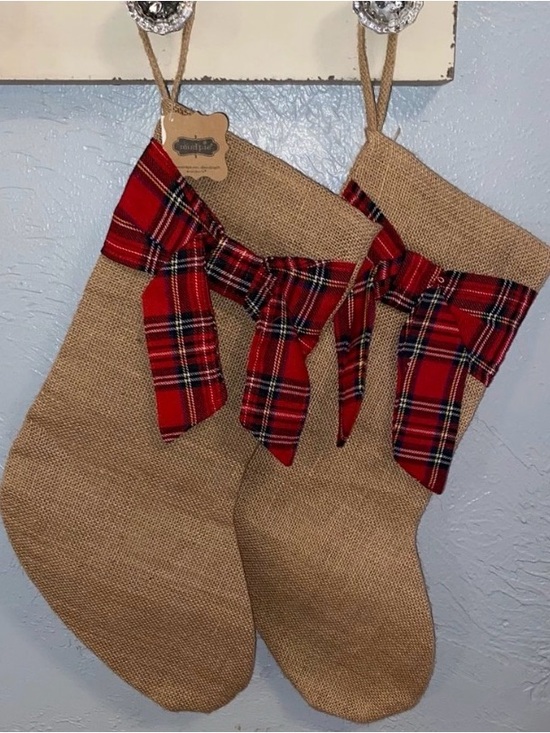 Mud Pie Other - (2) Mud Pie Burlap and Red Tartan Plaid Christmas Stockings